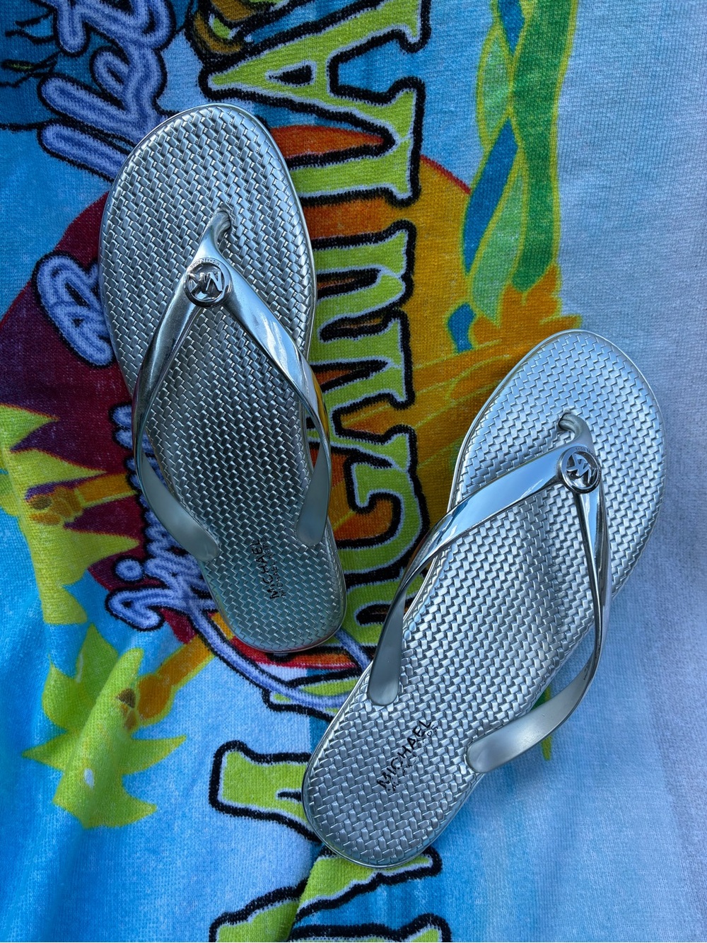 Michael Kors Metallic Silver Logo Flip Flops